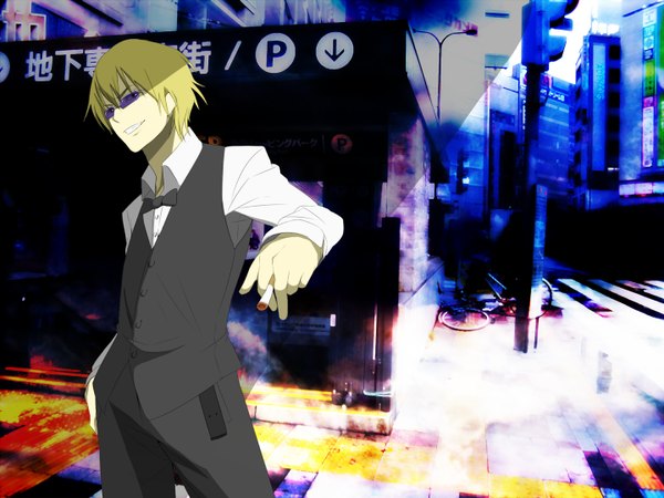 Anime picture 1440x1080 with durarara!! brains base (studio) heiwajima shizuo blonde hair city smoke boy sunglasses