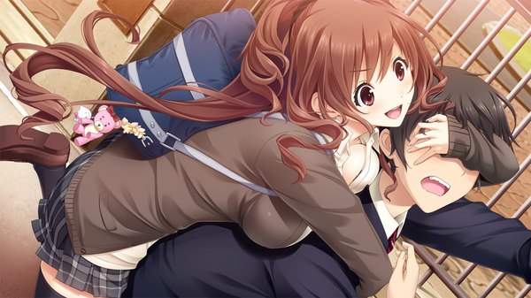 Anime picture 1280x720 with kiss bell giga kajiya ayano long hair short hair open mouth black hair red eyes brown hair wide image game cg hug girl boy skirt uniform school uniform miniskirt school bag