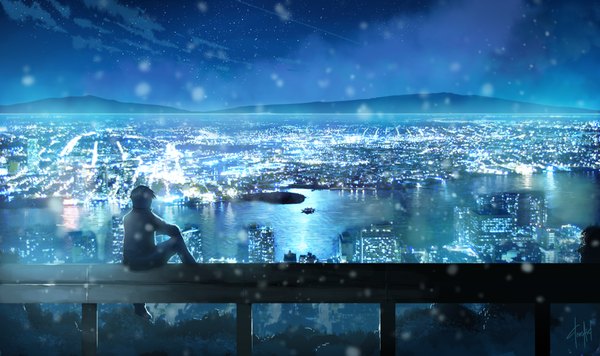 Anime picture 3915x2327 with original donsaid (dias mardianto) single highres short hair black hair wide image sitting signed absurdres from behind realistic night night sky city reflection cityscape city lights boy water