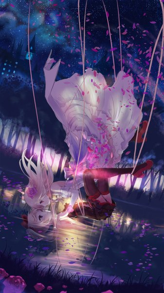 Anime picture 900x1600 with original red flowers long hair tall image red eyes multiple girls white hair hair flower black eyes night girl thighhighs dress flower (flowers) black thighhighs 2 girls plant (plants) petals tree (trees) water