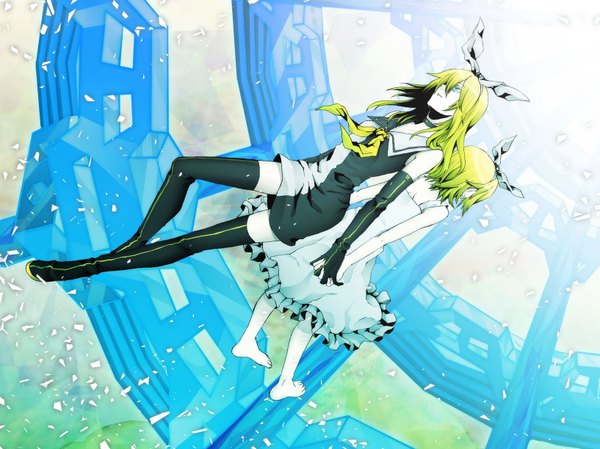 Anime picture 1633x1224 with vocaloid kagamine rin long hair short hair blue eyes blonde hair bare shoulders multiple girls barefoot from behind back holding hands flying back to back dual persona girl thighhighs dress gloves hair ornament