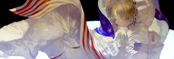 Anime picture 1500x509 with axis powers hetalia studio deen america (hetalia) coralstone single short hair blonde hair wide image eyes closed astronaut boy glasses flag american flag spacesuit