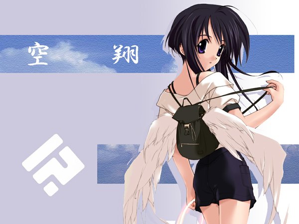 Anime picture 1024x768 with sasaki mutsumi single long hair looking at viewer blue eyes black hair angel wings third-party edit soft beauty girl wings bag feather (feathers) backpack