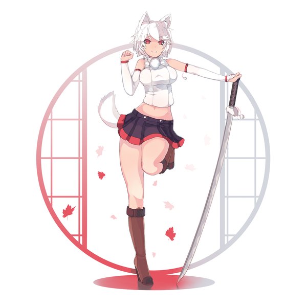 Anime picture 1924x1924 with touhou inubashiri momiji ehrrr single looking at viewer fringe highres short hair breasts simple background smile large breasts standing white background bare shoulders holding animal ears payot full body bent knee (knees)