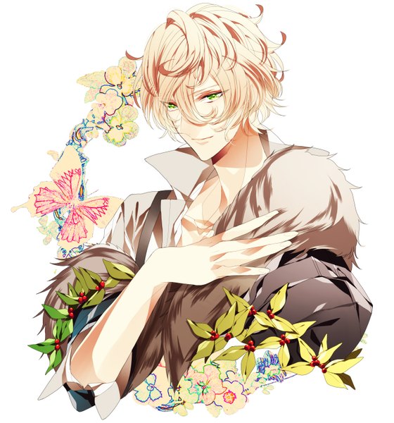Anime picture 1400x1500 with amnesia idea factory luka (amnesia) kazenagi hikari single tall image looking at viewer short hair simple background blonde hair white background green eyes light smile open collar boy flower (flowers) plant (plants) shirt fur insect