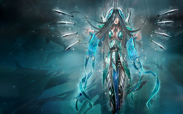 Anime picture 1680x1050 with league of legends irelia (league of legends) single long hair fringe breasts wide image large breasts hair over one eye dark background girl weapon armor dagger