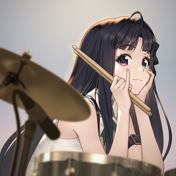Anime picture 1500x1500 with girls band cry toei animation awa subaru ttc single long hair looking at viewer black hair simple background purple eyes upper body ahoge grey background sleeveless head rest pinky out girl musical instrument drum drum set