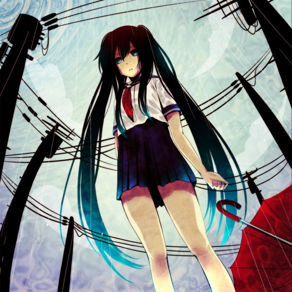 Anime picture 2000x2000 with vocaloid hatsune miku nekoame highres blue eyes black hair twintails very long hair rain girl serafuku umbrella wire (wires)