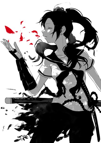 Anime picture 1000x1413 with original fkey single long hair tall image open mouth black hair white background twintails signed eyes closed profile monochrome girl skirt uniform weapon petals pantyhose sword