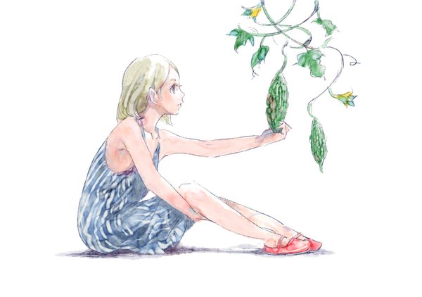 Anime picture 1080x760 with original pomodorosa single short hair simple background blonde hair white background sitting purple eyes bare shoulders profile shadow striped girl plant (plants) shoes leaf (leaves) sundress vegetables
