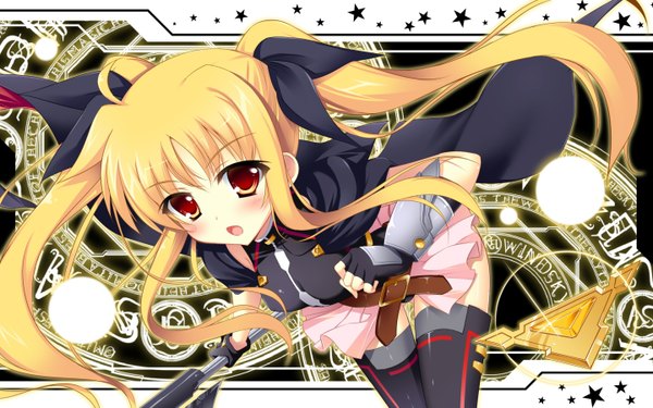 Anime picture 1440x900 with mahou shoujo lyrical nanoha fate testarossa bardiche raiou long hair blush open mouth blonde hair red eyes wide image twintails loli magic girl thighhighs bow black thighhighs hair bow magic circle