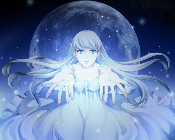 Anime picture 2000x1600 with original memessa single long hair looking at viewer fringe highres blue eyes grey hair floating hair dark background outstretched hand glow girl dress moon planet