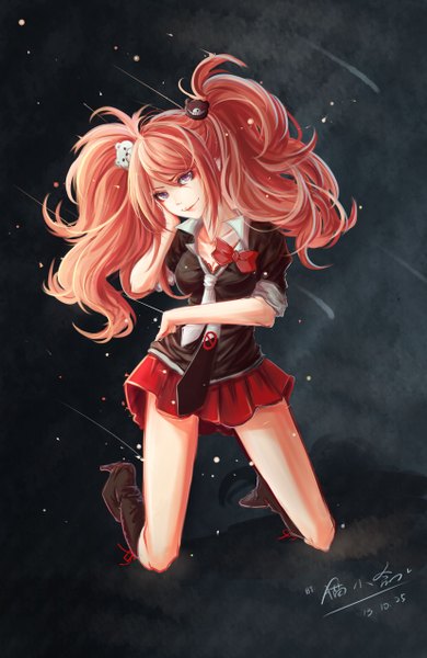 Anime picture 3306x5078 with dangan ronpa enoshima junko nekoshonen long hair tall image looking at viewer highres purple eyes twintails signed pink hair absurdres full body dark background girl skirt hair ornament necktie boots red skirt