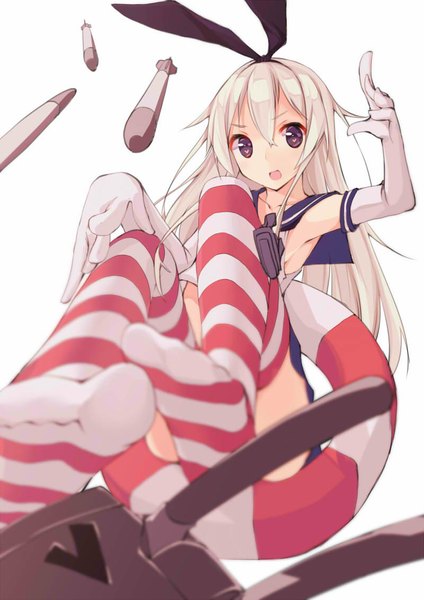 Anime picture 800x1131 with kantai collection shimakaze destroyer rensouhou-chan akesaka iku long hair tall image looking at viewer simple background blonde hair white background grey eyes depth of field no shoes legs symbol-shaped pupils > < girl thighhighs skirt gloves