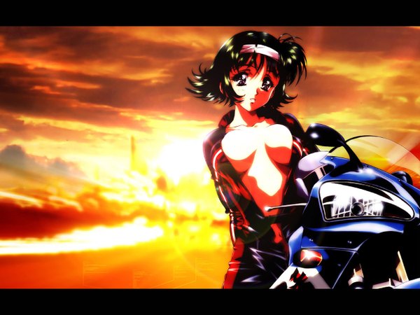 Anime picture 1280x960 with original kawarajima kou light erotic evening sunset motorcycle