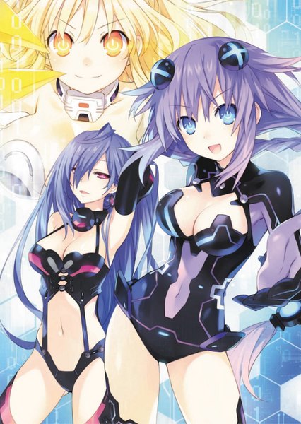 Anime picture 1064x1500 with choujigen game neptune neptune (choujigen game neptune) iris heart pururut pish yellow heart tsunako long hair tall image looking at viewer fringe blue eyes light erotic blonde hair smile hair between eyes standing bare shoulders multiple girls payot