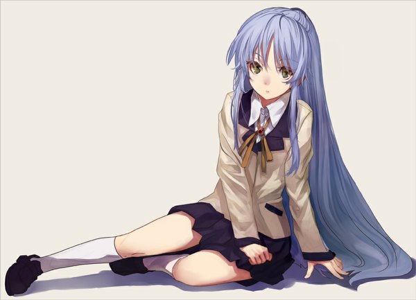 Anime picture 977x706 with angel beats! key (studio) tachibana kanade shirabi single long hair looking at viewer fringe simple background sitting green eyes blue hair bent knee (knees) pleated skirt shadow brown background girl skirt uniform school uniform