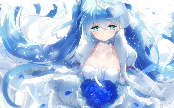 Anime picture 2039x1274 with vocaloid hatsune miku asahi kuroi single looking at viewer blush fringe highres breasts blue eyes smile hair between eyes wide image large breasts twintails signed blue hair upper body very long hair light smile