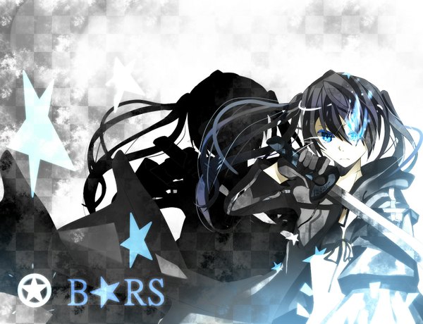 Anime picture 1496x1147 with black rock shooter black rock shooter (character) omutatsu long hair blue eyes black hair twintails shadow glowing glowing eye (eyes) checkered background girl weapon sword katana star (symbol) coat