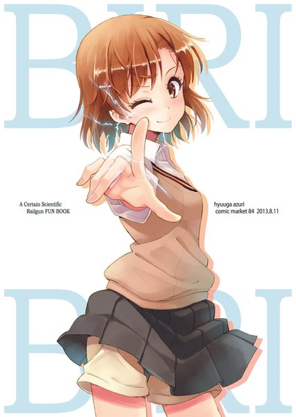 Anime picture 855x1200 with to aru kagaku no railgun j.c. staff misaka mikoto hyuuga azuri single tall image looking at viewer blush fringe short hair simple background brown hair standing white background brown eyes signed pleated skirt one eye closed fingernails wink