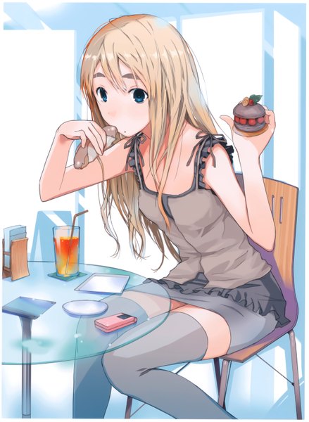 Anime picture 4431x6063 with original fuyuno haruaki single long hair tall image highres blue eyes blonde hair sitting absurdres scan eating girl thighhighs food sweets glass phone