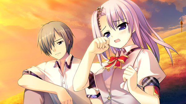 Anime picture 1280x720 with aete mushisuru kimi to no mirai manabe kei koube shuuji long hair blush short hair open mouth blue eyes brown hair wide image game cg purple hair tears girl boy uniform school uniform