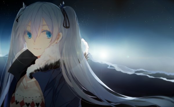 Anime picture 1400x861 with vocaloid hatsune miku kra (yklazy) single long hair looking at viewer blue eyes wide image twintails blue hair light smile open clothes open jacket girl jacket