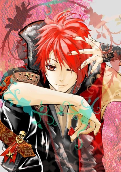 Anime picture 600x857 with uta no prince-sama a-1 pictures ittoki otoya single tall image looking at viewer short hair smile red eyes holding red hair nail polish one eye closed wink open clothes open jacket sleeveless hand on head boy jacket