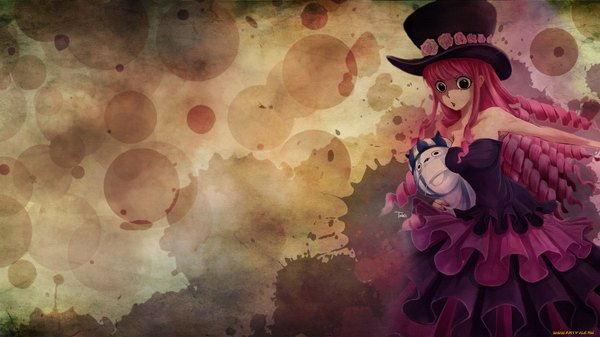 Anime picture 1920x1080 with one piece toei animation perona kumacy single long hair highres open mouth wide image bare shoulders pink hair black eyes wallpaper drill hair girl dress flower (flowers) hat