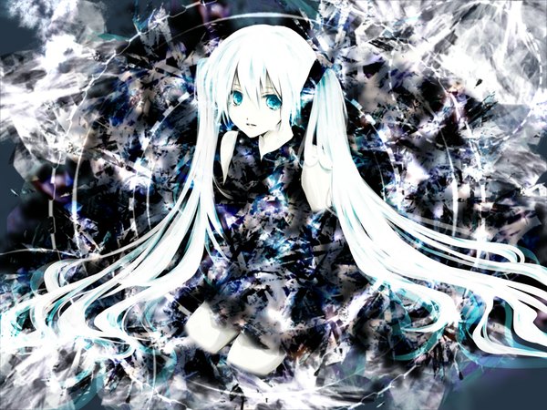 Anime picture 2200x1650 with vocaloid hatsune miku aonoe single highres blue eyes twintails white hair very long hair crying girl