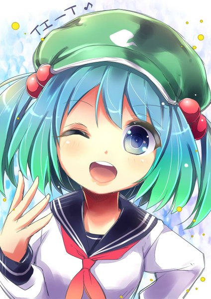 Anime picture 1018x1440 with touhou kawashiro nitori uta (kuroneko) single tall image looking at viewer short hair open mouth blue eyes blue hair one eye closed multicolored hair wink two side up alternate costume hand on hip gradient hair girl uniform hair ornament