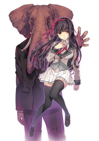 Anime picture 1062x1520 with natsu natsuna long hair tall image looking at viewer black hair brown eyes bent knee (knees) braid (braids) pleated skirt twin braids outstretched arm hand on chest girl thighhighs skirt uniform black thighhighs school uniform animal headband