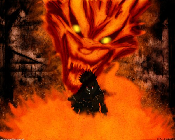 Anime picture 1280x1024 with naruto studio pierrot naruto (series) kurama (kyuubi) red eyes tears glowing glowing eye (eyes) bijuu boy fire monster