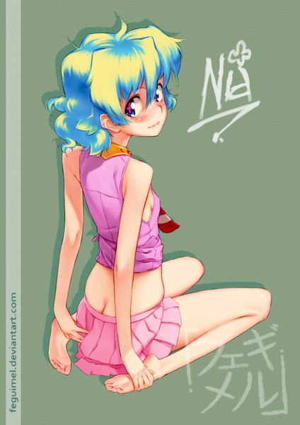 Anime picture 778x1100 with tengen toppa gurren lagann gainax nia teppelin feguimel single tall image blush short hair blue eyes light erotic simple background signed looking back green hair from behind character names + + girl skirt