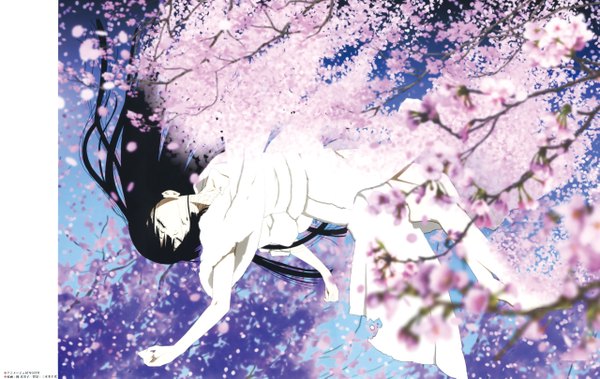Anime picture 5115x3236 with hell girl studio deen enma ai long hair highres black hair absurdres eyes closed traditional clothes japanese clothes scan cherry blossoms pale skin falling girl petals kimono