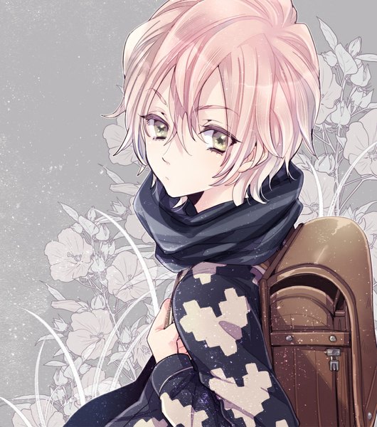 Anime picture 800x906 with uta no prince-sama a-1 pictures mikado nagi endlphin single tall image short hair pink hair from above grey background grey eyes symbol-shaped pupils boy flower (flowers) scarf backpack randoseru striped scarf