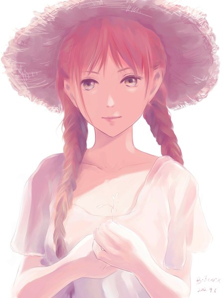 Anime picture 1200x1600 with bzerox single long hair tall image looking at viewer red hair braid (braids) grey eyes twin braids girl hat