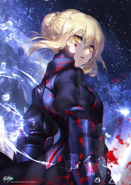 Anime picture 2480x3508 with fate (series) fate/grand order fate/stay night artoria pendragon (all) saber saber alter kyjsogom single tall image looking at viewer fringe highres short hair blonde hair hair between eyes signed yellow eyes payot upper body braid (braids)