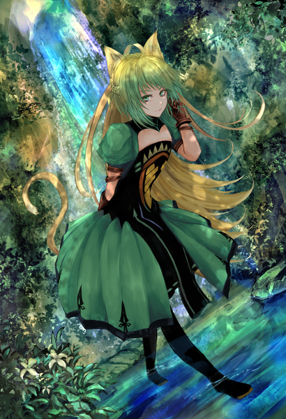 Anime picture 1267x1853 with fate (series) fate/grand order fate/apocrypha atalanta (fate) kaze minoru so-ru single tall image looking at viewer fringe blonde hair smile holding green eyes animal ears payot full body ahoge tail very long hair animal tail