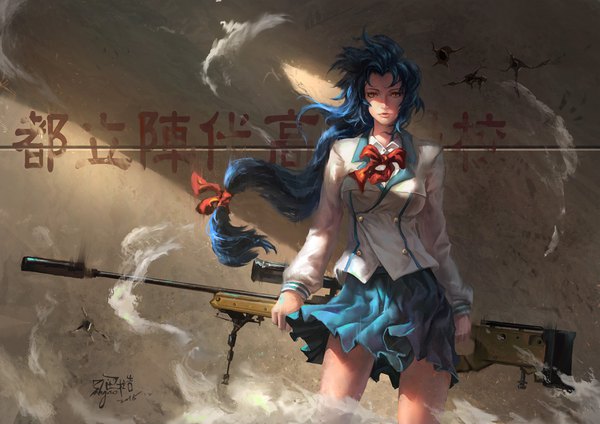 Anime picture 3508x2480 with full metal panic! gonzo chidori kaname hung wan yu single long hair looking at viewer highres breasts holding signed blue hair absurdres pleated skirt wind sunlight blurry shadow hieroglyph smoke