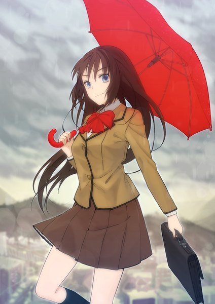 Anime picture 2894x4093 with mahou tsukai no yoru aozaki aoko tsurusaki yuu long hair tall image looking at viewer highres blue eyes black hair cloud (clouds) light smile girl skirt uniform school uniform miniskirt socks black socks umbrella school bag