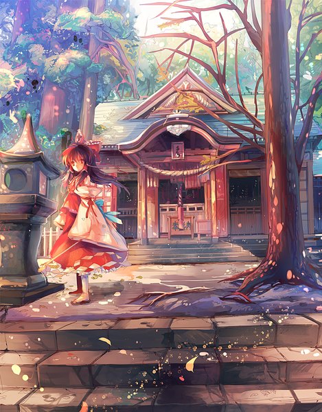 Anime picture 952x1216 with touhou hakurei reimu kirero (pixiv) single long hair tall image red eyes brown hair traditional clothes wind sunlight miko girl skirt bow plant (plants) hair bow tree (trees) leaf (leaves) building (buildings)