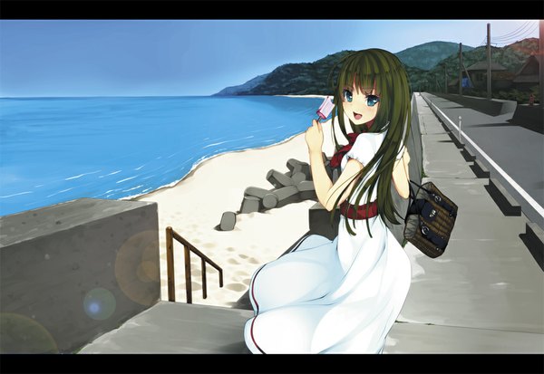 Anime picture 1000x689 with original unasaka ryou single long hair looking at viewer blush open mouth blue eyes green hair girl food sweets sea bag ice cream