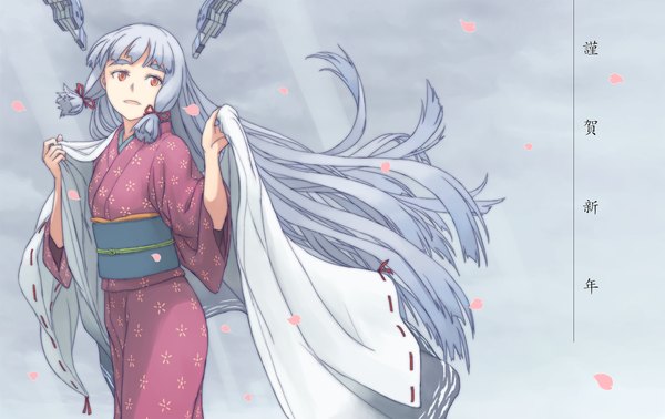 Anime picture 1900x1200 with kantai collection murakumo destroyer taruya single fringe highres open mouth looking away silver hair very long hair traditional clothes japanese clothes light smile wind inscription grey background orange eyes alternate costume hieroglyph eyebrows