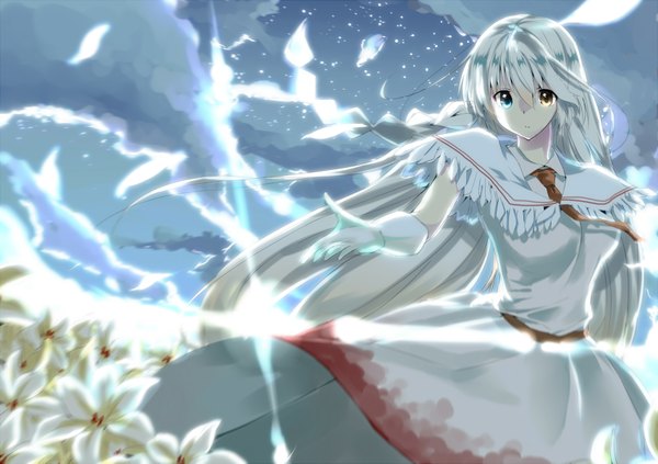 Anime picture 1702x1200 with original athena helios inami haruka single long hair highres sky cloud (clouds) sunlight heterochromia girl dress gloves flower (flowers) white gloves white dress star (stars) feather (feathers)