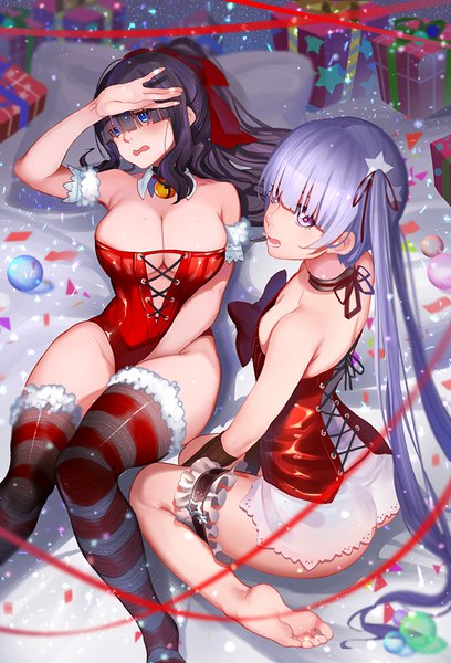 Anime picture 700x1029 with new game! doga kobo suzukaze aoba takimoto hifumi xiaoshou xiansheng long hair tall image blush breasts open mouth blue eyes light erotic black hair large breasts twintails multiple girls blue hair pink eyes christmas girl