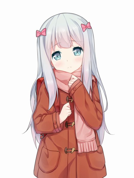 Anime picture 600x800 with eromanga sensei a-1 pictures izumi sagiri tengxiang lingnai single long hair tall image looking at viewer blush fringe blue eyes simple background standing white background silver hair upper body head tilt girl bow hair bow