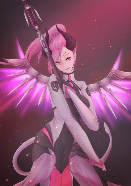 Anime picture 764x1080 with overwatch blizzard entertainment mercy (overwatch) imp mercy muti single long hair tall image fringe simple background looking away pink hair ponytail tail pink eyes horn (horns) pointy ears mechanical wings girl weapon