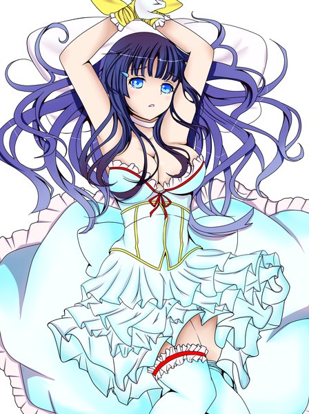 Anime picture 1286x1720 with precure smile precure! toei animation aoki reika howks2006 long hair tall image breasts blue eyes light erotic simple background large breasts white background purple hair girl thighhighs dress white thighhighs