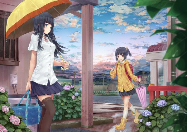 Anime picture 2480x1753 with original hourainingyou long hair highres short hair blue eyes black hair red eyes multiple girls sky cloud (clouds) closed umbrella girl thighhighs skirt uniform flower (flowers) black thighhighs 2 girls school uniform